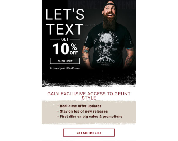 Grunt Style encouraging email subscribers to also opt-in to SMS communications.