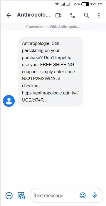 Anthropologie's Cart Recovery Text Message